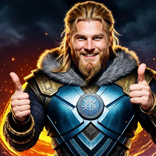 Prompt: Norse Viking themed Depiction of a science fiction psyker, Fusing technology and Dark Power, giving two thumbs up, has a big excited smile, "hold my beer", Dynamic Pose, real, alive, real skin textures, detailed symmetrical face, 