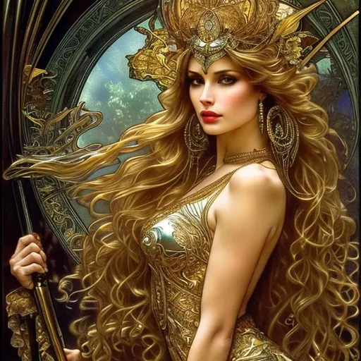 Prompt: Amazonian queen, scared, golden hair, exotic, beautiful, Alphonse Mucha, Luis Royo, Joyce ballantyne 