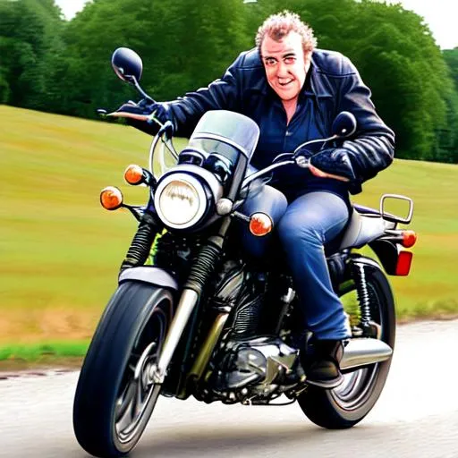 Prompt: Jeremy clarkson riding a motorcycle 