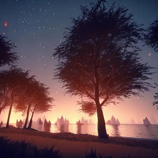 Prompt: Trees, beach, Chinese lanterns, dusk , bonfire, unreal engine