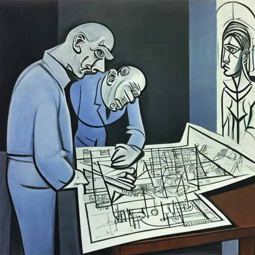 Prompt: engineer reviewing plans by Picasso

