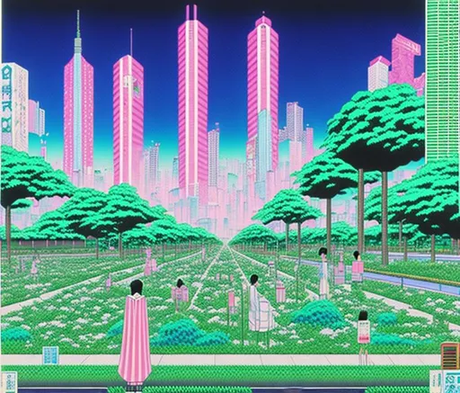 Prompt: Hiroshi Nagai, 80s city pop, Green garden, city in the backround
