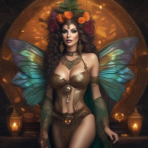 Prompt: Wide angle. (Ultra-precise depiction), (Ultra-detailed depiction), (best quality beautiful and aesthetic:1.2) Halloween night.  Shes a ((colorful. steam punk, belly dancer Witch). A (spectacular intricate), winged. Cannabis fairy. A very beautiful,  buxom,  shapely woman. {{{{Anatomically real hands}}}}. {{vivid colorful  extremely  bright eyes}}, (ultra detailed), (absurd res), Epic, ((masterpiece)).  Enscape render. {She is wearing a skimpy  colorful  gossamer flowing outfit}. {Sony a7 IV} , solo ((trending on Artstation)). 