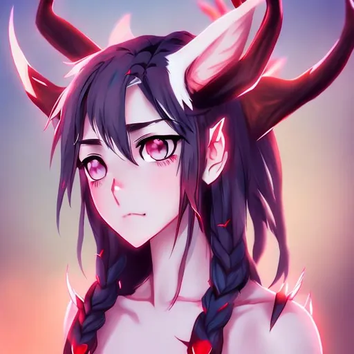 pointy ears, red eyes, blue skin, antlers, anime, pr