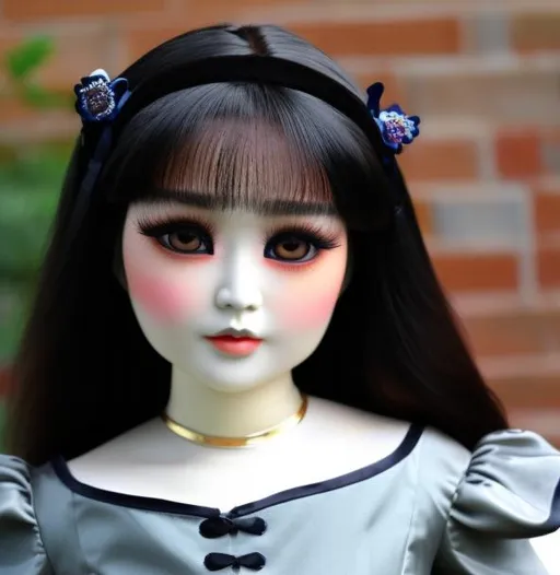 Prompt: A asian woman turned into a porcelain doll wearing a victorian dress. With giant eye pupils.