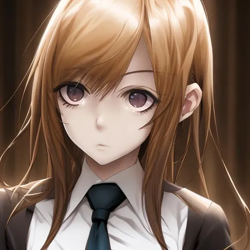 Prompt: girl, brown hair,  yellow eyes, white shirt and black tie, blood, high quality, tired, best quality, anime, beautiful, good lighting