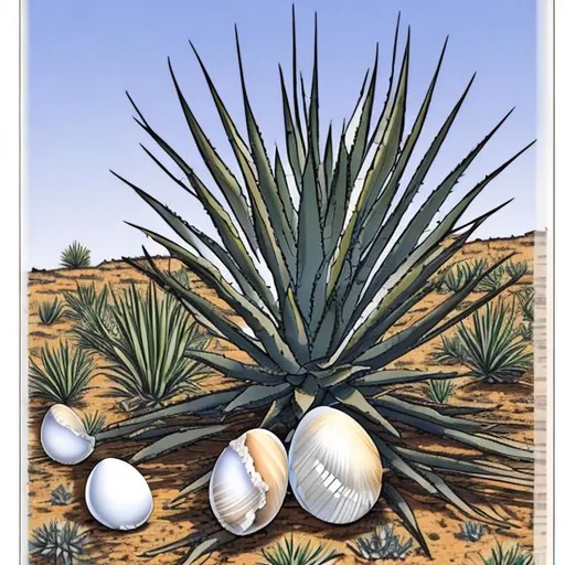 Prompt: A clipart Agave angustifolia with a broken egg shell fitted on each spine.
