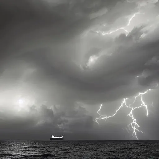 Prompt: sea on a stormy night.  With a ship, realistic, UHD