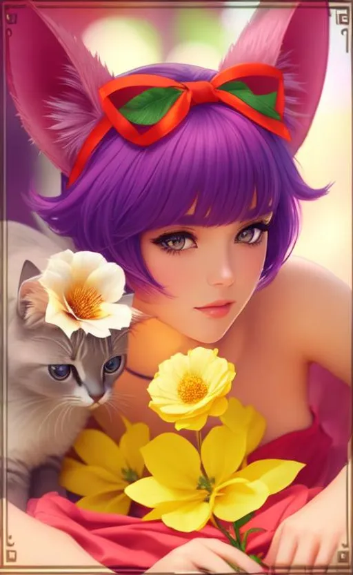 Prompt: Beautiful girl , cat ears, cute, face, intricate short hair, holding flower, stray hair, Realistic portrait, beautiful photography, hyperdetailed , highly detailed, hd, 4k, 8k 