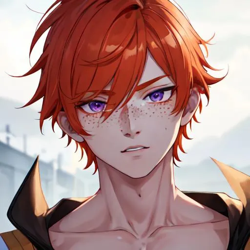 Prompt: Erikku male (short ginger hair, freckles, right eye blue left eye purple) muscular, UHD, 8K, Highly detailed, insane detail, best quality, high quality, casual outfit