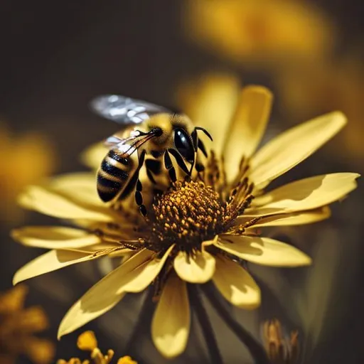 Prompt: black and gold colour palette image with a bee on australian native flower with black background and gold bokeh, give  a dark, moody mystical tone
