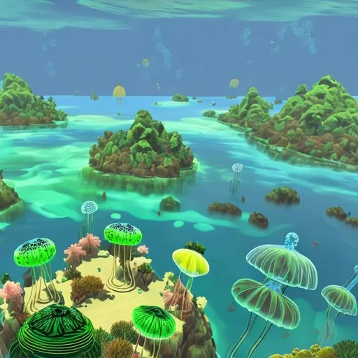Prompt: green and gold island,with jellyfish people 