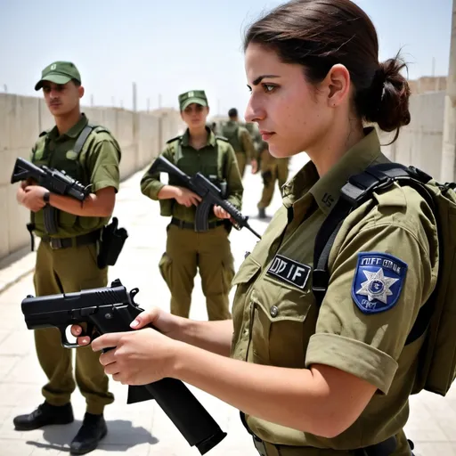 Prompt: female IDF facility security guard,  conducting thorough security checks on soldiers and officers entering a high-security military base. Carrying personal weapons and ensuring only authorized personnel gain access