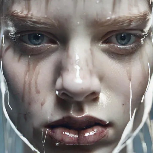 Prompt: exploded android, in the style of Gottfried Helnwein, extremely cinematic,details, details lips, details hair, looking at viewer, shadow, Light reflection on the skin, wet skin, Masterpiece, skinny, natural lighting realistic,