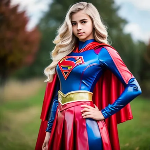 Prompt: A 15 year old girl with a detailed body, detailed face, and blonde hair, wearing a detailed latex Supergirl suit, long latex cape, and red latex skirt while sprinting towards the camera
