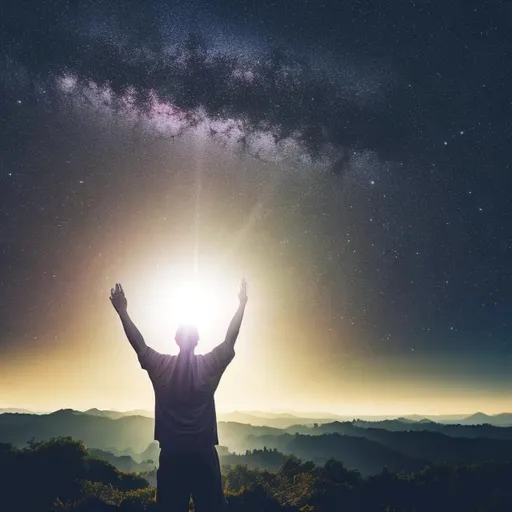 Prompt: man praying peacefully with his hands up to the sky, with light descending upon him, and the vast universe as his background