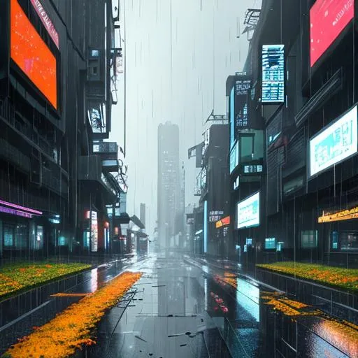 Prompt: Rainy landscape half spring and half autumn, cyberpunk, digital illustration, sharp