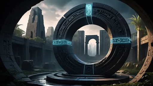 Prompt: magical portal between cities realms worlds kingdoms, circular portal, ring standing on edge, upright ring, freestanding ring, hieroglyphs on ring, complete ring, ancient babylonian architecture, gardens, ruins, turned sideways view, futuristic cyberpunk tech-noir setting, dark night