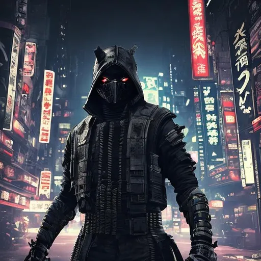 Prompt: Original villain. Future military armour. Black and neon. Slow exposure. Detailed. Male masked. Blade in hand. Dirty. Dark and gritty. Neo Tokyo. Futuristic. Shadows. Sinister. Evil