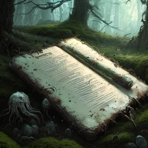 Prompt: lore tablet, white moss,  fungi, rotting, moss, digitigrade, standing, D&D, fantasy, cinematic lighting, highly detailed, digital painting, artstation, concept art, smooth, sharp focus, illustration, volumetric lighting, epic Composition, 8k, art by frank frazetta, oil painting, cgsociety, distant, lonely