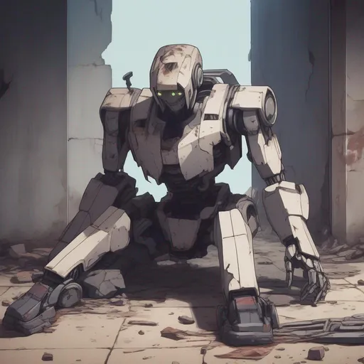 Prompt: destroyed Robot lying against a wall in an apocalypse Anime artstyle 