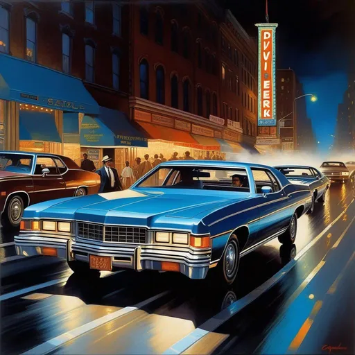 Prompt: Driver Parallel, car chase, late 70's, New York City at night, realistic, warm blue atmosphere, extremely detailed painting by Greg Rutkowski and by Henry Justice Ford and by Steve Henderson