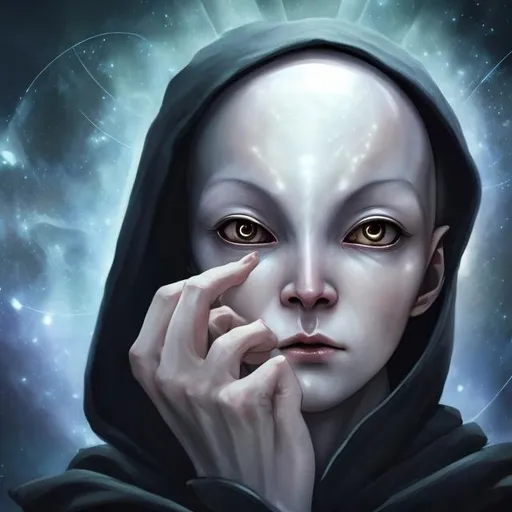 Prompt: androgynous, benevolent, innocent, ALIEN femme, pearl skin, bald, soft expression, black eyes, holding an orb, wearing cloak, surrounded by outer space