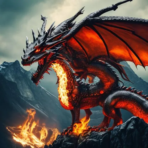 Prompt: a dragon with flaming scales with swords in its mouth on mountain 