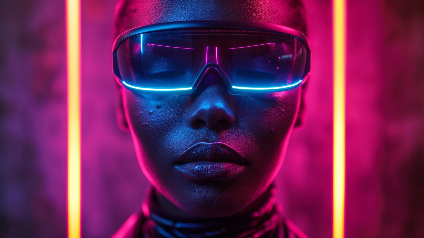 Prompt: high end fashion in the year 2040, in the background futuristic neon lite metallic led stripes