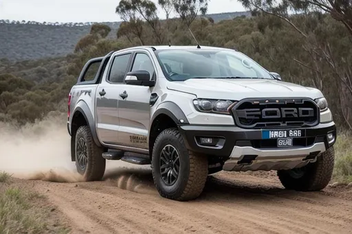 Prompt: ford ranger raptor in grey., offroading in canberra