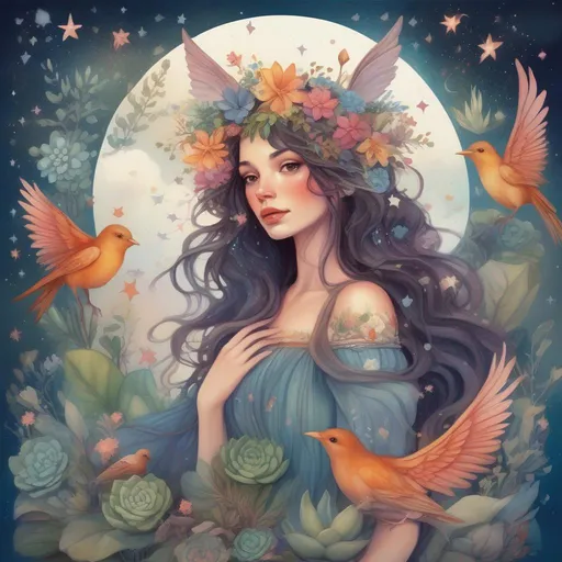 Prompt: A colourful and beautiful head to toe Persephone as a fairy with stars, succulent and gems in her brunette hair. In a beautiful flowing dress made of plants. Surrounded by birds and clouds, in a painted style
