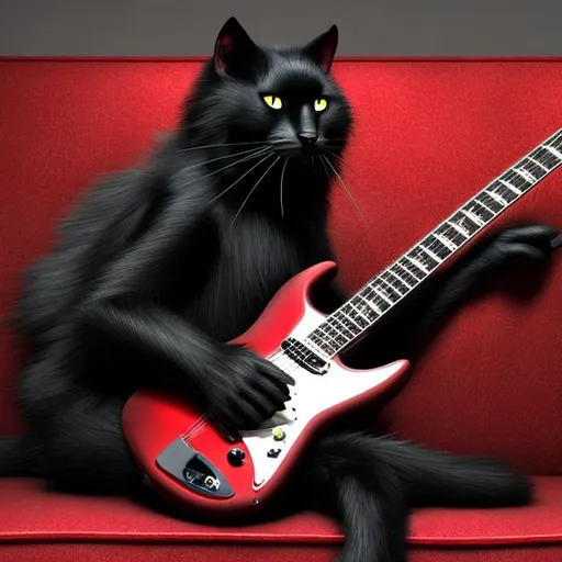 Prompt: a ultra realistic black cat playing a red guitar sitting in a ultra realistic black couch