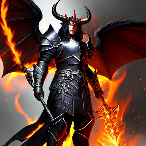 Male Demon, burning hands, enormous horns, black pla... | OpenArt