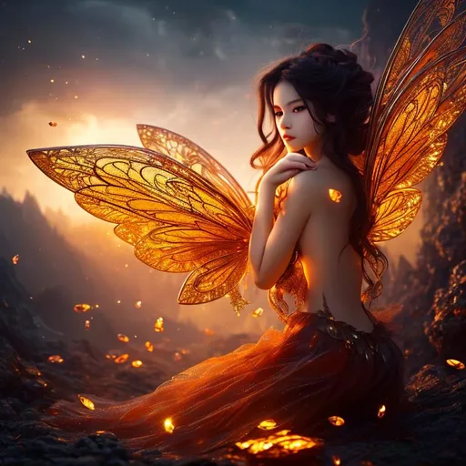 Prompt: (Masterpiece, top quality, best quality, official art, beautiful and aesthetic:1.2), fairy trapped in amber, ultra detailed, intricate, (epic composition, epic proportion), volumetric lighting, warm color, award winning, photography,