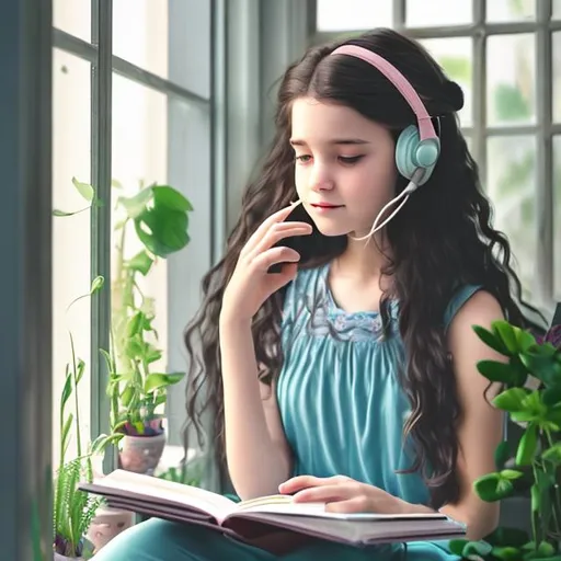 Prompt: girl with long wavy hair reading a book wearing long skirt and top sitting on corner of the bed leaning on the window with small plants and raining outside and wearing a headphone with coffee beside her