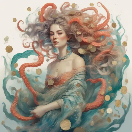 Prompt: A Beautiful and very colourful woman with tentacles for hair in a flowing soft dress made of kelp, scales, coins, pearls and coral, in a painted style