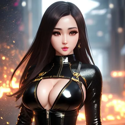 Prompt: ultra high resolution body picture Unreal Engine 5 8K UHD Octane, fractal, pi, realistic beautiful girl, face detailed, hyper detailed, upscaled, face fixed, wearing skin tight latex catsuit with gold lace, black leather harness, , belt, idol K-pop star