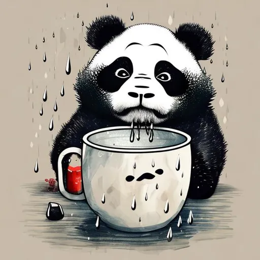 Prompt: "Grumpy Panda in a Rainy Day" - Depict a grumpy panda sitting under an umbrella, looking unamused by the rain.