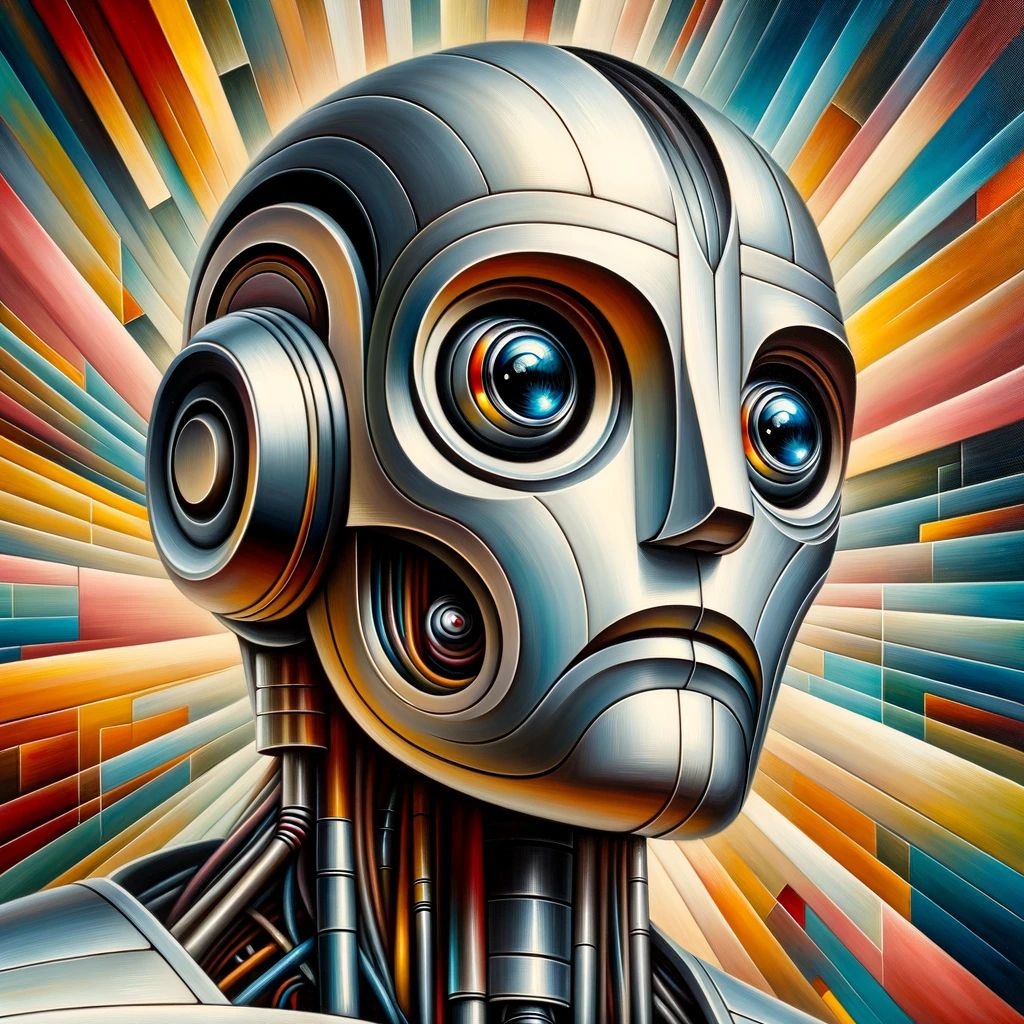 Prompt: Robot portrait with elements of mid-century design, set in a dynamic color-field environment. The robot has detailed features, shiny eyes, and a compelling facial expression, rendered in oil on panel.
