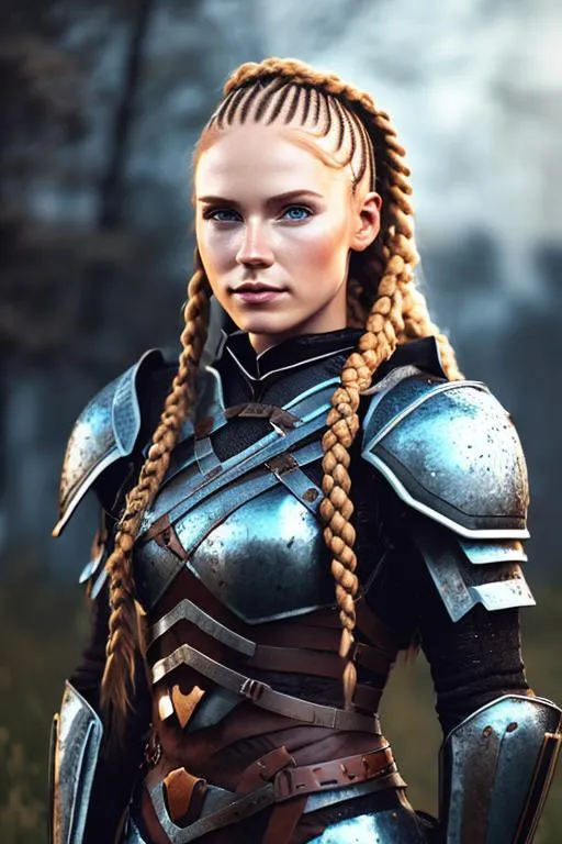 Prompt: Digital art, woman viking, red hair, cornrow braids, blue eyes, black gear, black armor, unreal engine 8k octane, 3d lighting, full body, full armor