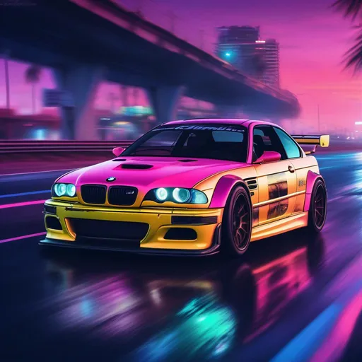 Prompt: 2001 BMW M3 E46 GTR, synthwave, aesthetic cyberpunk, miami, highway, dusk, neon lights, coastal highway, dusk, neon lights, coastal highway, sunset, drift, nurburgring, water on the road, blade runner, 8k, watercolor, macro sharp focus