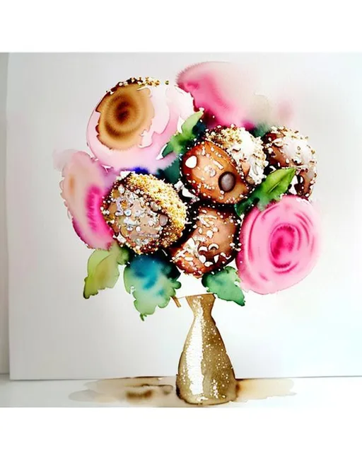 Prompt: watercolour painting art style, cute, ferrero rocher bouquet, pink colour, gold colour,