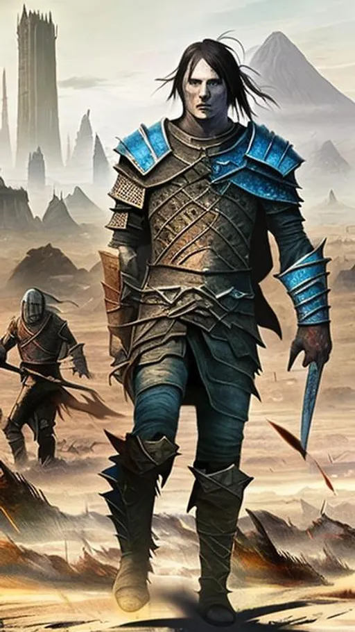 Prompt: plains and towers of mordor at the background