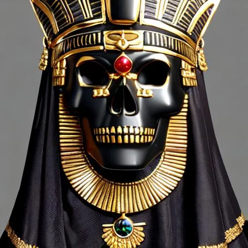 Prompt: An Obsidian Aztec/Egyptian style skull mask, with small gold embroidery.