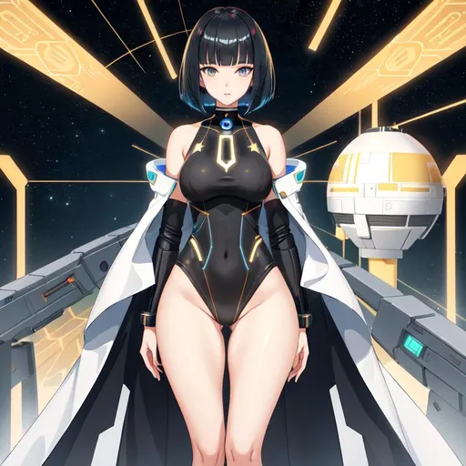 Prompt: a lonely AI girl, very tall, thick thighs, wide hips, long legs, slender waist, big beautiful symmetrical eyes, aloof expression, bob haircut with bangs, (as a Jedi in "Star Wars"), 12K resolution, hyper quality, hyper-detailed, depth of field