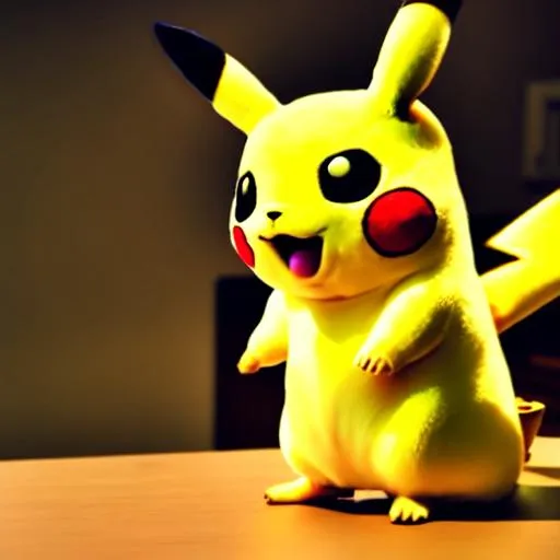 Prompt:  realistic pikachu standing on a table 
home backround 