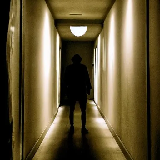 Prompt: Shadow figure in a dark hallway