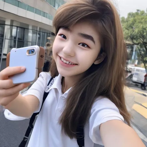 Prompt: A korean schoolgirl taking a selfie, long hair, monolids, around 15 of age, happy, looks realistic