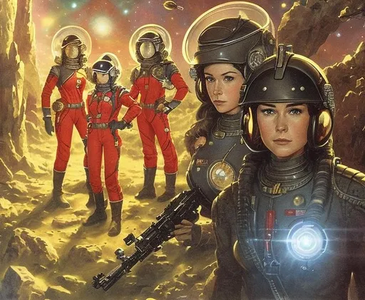 Prompt:  sci-fi, spaceman, in the style of Harry Barton and ken barr, Star Rangers, the last planet by andre norton, explorers, red uniforms, star patrol, Masterpiece, three men in the background,  two beautiful women explorers in armor in the foreground