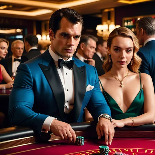 Prompt: Cinematic 8k photo of Henry Cavill|James Bond and Jodie Comer|Villanelle playing baccarat, elegant crowded casino, modern formal attire, dramatic scene, espionage, high style, photorealism, high definition, crowded setting, detailed expressions, intense focus, luxury ambiance, sophisticated lighting